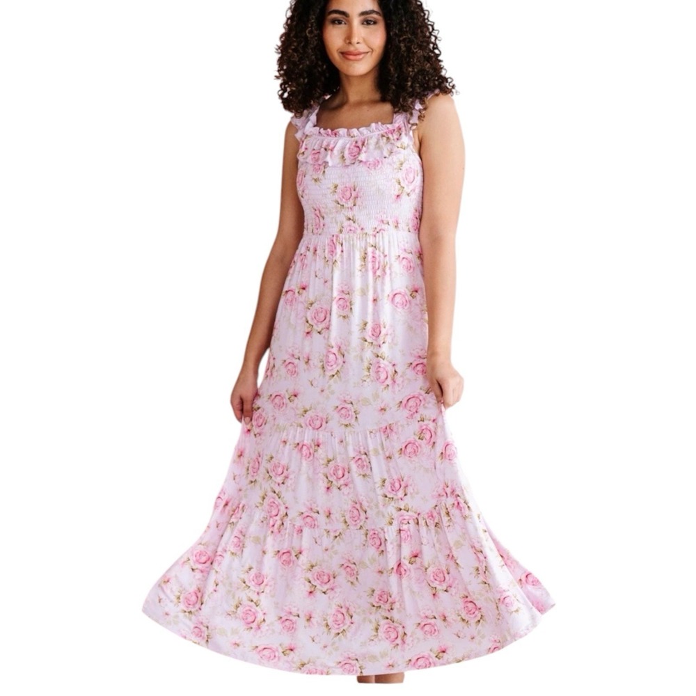 Bums & Roses Pink Floral Off The Shoulder Ruffle Sleeve Maxi Dress Smocked 2XL